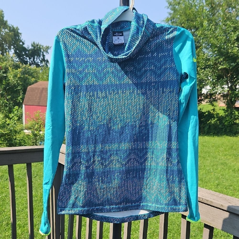 Nike Pro Dri-FIT Turtleneck Long Sleeve Shirt Women’s M Blue Teal Patterned